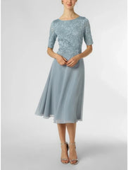 A-Line Mother of the Bride Dress Wedding Guest Elegant Petite Scoop Neck Knee Length Chiffon Half Sleeve with Pleats Solid Color