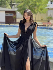 Aimishang A-Line Prom Dresses Elegant Dress Formal Prom Floor Length Sleeveless V Neck Chiffon with Strappy