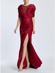 A-Line Evening Gown Elegant Dress Formal Black Dress Plus Size Christmas Floor Length Half Sleeve Scoop Neck Satin with Ruched Sequin Slit