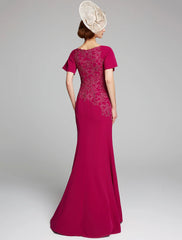 Mermaid / Trumpet Mother of the Bride Dress Bateau Neck Floor Length Chiffon Lace Short Sleeve with Lace Split Front