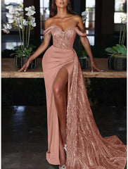 Mermaid Dress Evening Gown Red Green Dress Dress Formal Wedding Guest Court Train Sleeveless Off Shoulder Charmeuse with Ruched Sequin Slit