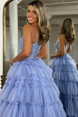 Sparkly Lilac A Line Beaded Long Tiered Corset Prom Dress With Slit Sexy