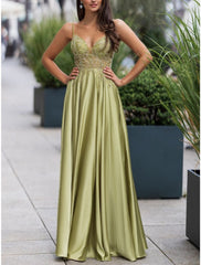 A-Line Bridesmaid Dress Spaghetti Strap Sleeveless Elegant Floor Length Stretch Satin with Lace / Ruching