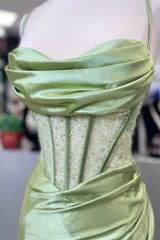 Jeni | Sage Scoop Neck Satin Mermaid Long Prom Dress with Slit