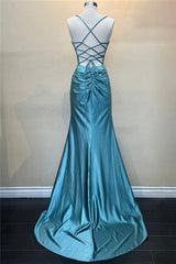 Jeni | Sage Scoop Neck Satin Mermaid Long Prom Dress with Slit