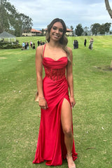 Jeni | Sage Scoop Neck Satin Mermaid Long Prom Dress with Slit