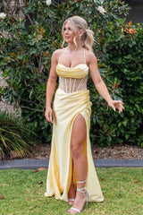 Jeni | Sage Scoop Neck Satin Mermaid Long Prom Dress with Slit