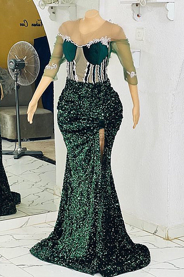 Juweel zeemeermin kanten applique lovertjes vloerlengte halve mouwen hoge split prom-jurk