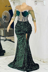 Juweel zeemeermin kanten applique lovertjes vloerlengte halve mouwen hoge split prom-jurk