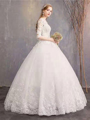 Jewel Neck Half-Sleeve Wedding Dresses White Tulle Lace Up Floor Length Bride Dresses