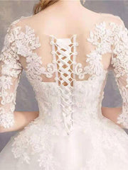 Jewel Neck Half-Sleeve Wedding Dresses White Tulle Lace Up Floor Length Bride Dresses