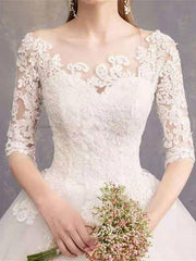 Jewel Neck Half-Sleeve Wedding Dresses White Tulle Lace Up Floor Length Bride Dresses