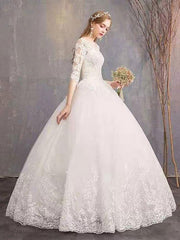 Jewel Neck Half-Sleeve Wedding Dresses White Tulle Lace Up Floor Length Bride Dresses