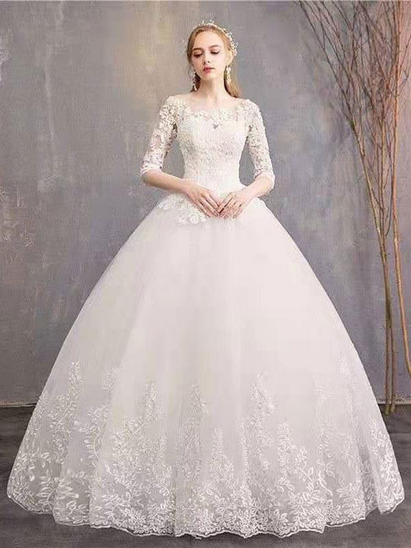 Jewel Neck Half-Sleeve Wedding Dresses White Tulle Lace Up Floor Length Bride Dresses