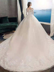 Jewel Neck Long Sleeves Vintage Wedding Dresses White Satin Cathedral Train Dress with Appliques