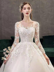 Jewel Neck Long Sleeves Vintage Wedding Dresses White Satin Cathedral Train Dress with Appliques