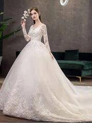 Jewel Neck Long Sleeves Vintage Wedding Dresses White Satin Cathedral Train Dress with Appliques