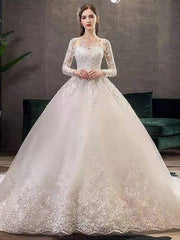 Jewel Neck Long Sleeves Vintage Wedding Dresses White Satin Cathedral Train Dress with Appliques