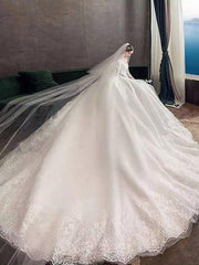 Jewel Neck Long Sleeves Vintage Wedding Dresses White Satin Cathedral Train Dress with Appliques