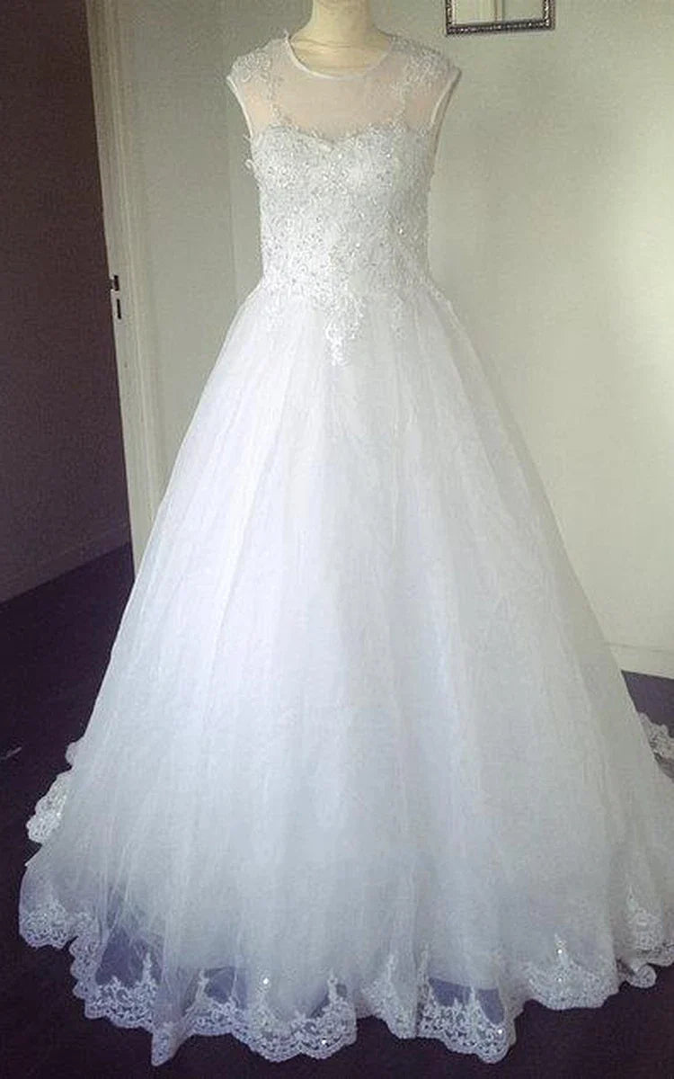 Jewel Neck Sleeveless Appliqued A-Line Beading Tulle Wedding Dress