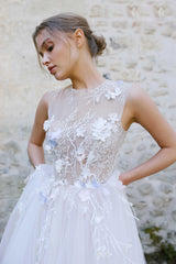 Jewel-Neck Sleeveless A-Line Tulle Pleated Dress With Appliques And Illusion
