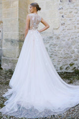 Jewel-Neck Sleeveless A-Line Tulle Pleated Dress With Appliques And Illusion