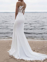 Jewel Neck Sleeveless Mermaid Beach Wedding Bridal Gowns With Sweep Train