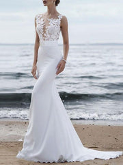 Jewel Neck Sleeveless Mermaid Beach Wedding Bridal Gowns With Sweep Train