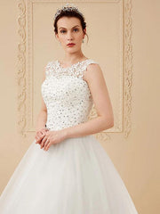 Jewel Neck Sleeveless Wedding Dresses White Tulle Lace Floor Length Bride Dresses
