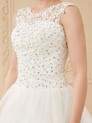 Jewel Neck Sleeveless Wedding Dresses White Tulle Lace Floor Length Bride Dresses