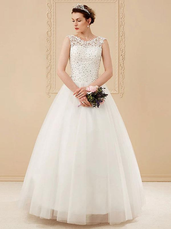 Jewel Neck Sleeveless Wedding Dresses White Tulle Lace Floor Length Bride Dresses