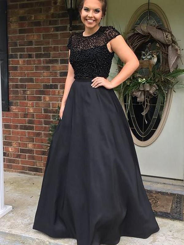 Jewel Sleeveless Floor-Length A-line With Beading Satin Dresses