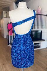 One-Shoulder Blue Sequin Keyhole Mini Homecoming Dress