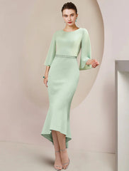 Mermaid / Trumpet Mother of the Bride Dress Wedding Guest Party Elegant Scoop Neck Tea Length Stretch Chiffon 3/4 Length Sleeve with Beading