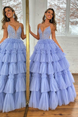 Sparkly Lilac A Line Beaded Long Tiered Corset Prom Dress With Slit Sexy