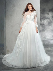 Ball Gown Sheer Neck Hand-Made Flower Long Sleeves Long Net Wedding Dresses With Flowers