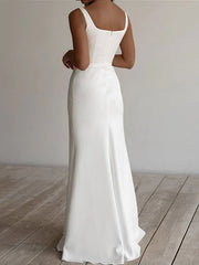 Tight fit/straight tube crepe ruffle edge shoulder strap sleeveless ground wedding dress Floor Length