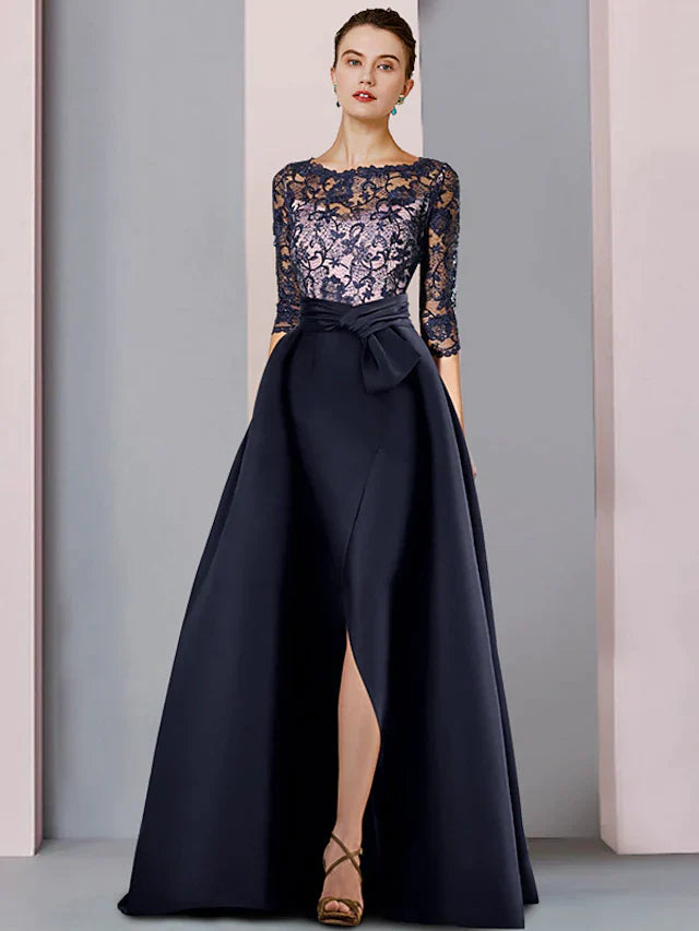 DingjiSheath / Column Mother of the Bride Dress Formal Party Elegant Scoop Neck Sweep / Brush Train Satin Lace Half Sleeve with Bow(s) Split Front