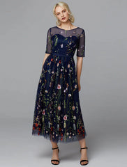 A-Line White Dress Holiday Half Sleeve Lace with Embroidery Appliques