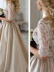 Wholesale Hall Formal Wedding Dresses A-Line Illusion Neck Half Sleeve Court Train Satin Bridal Gowns With Buttons Appliques