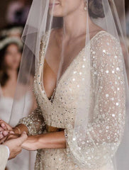 Bridal Shower Open Back Glitter & Sparkle Wedding Dresses A-Line V Neck Long Sleeve Floor Length Sequined Bridal Gowns With Sash / Ribbon