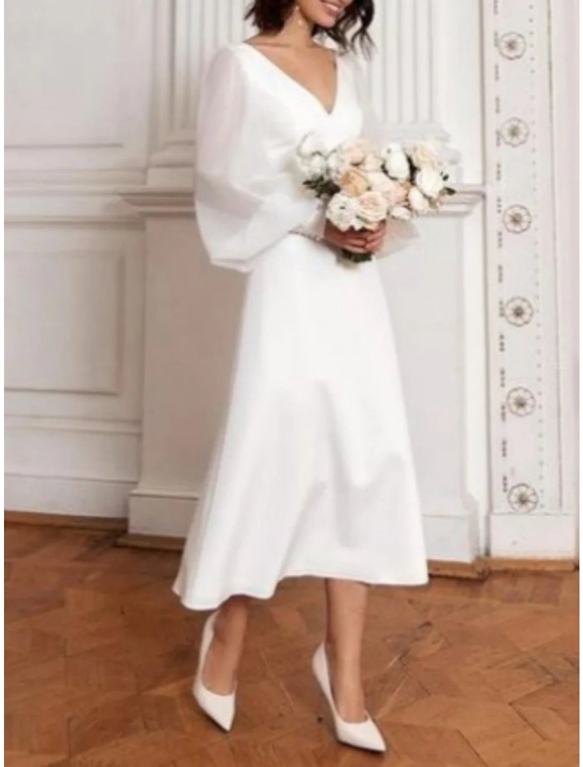 Wholesale Little White Dresses Wedding Dresses A-Line V Neck Long Sleeve Tea Length Satin Bridal Gowns With Pleats Solid Color