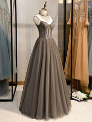 A-Line Prom Dresses Open Back Dress Formal Wedding Guest Floor Length Sleeveless Spaghetti Strap Tulle with Pleats Crystals