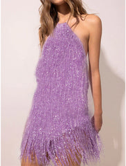 Women's Gold Sequin Dress Fringe Dress Party Dress Sparkly Dress Homecoming Dress Mini Dress Purple Sleeveless Sparkly Glitter Spring Fall Winter Halter Neck Fashion