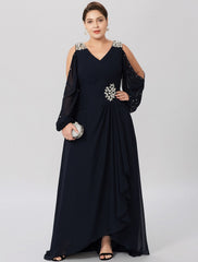 Aimishang  Sheath / Column Mother of the Bride Dress Plus Size Elegant High Low V Neck Asymmetrical Chiffon Stretch Satin Long Sleeve with Criss Cross Crystals
