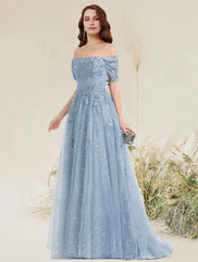A-Line Prom Dresses Elegant Dress Wedding Guest Sleeveless Off Shoulder Lace with Pleats