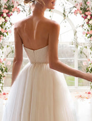 Wholesale Reception Little White Dresses Wedding Dresses A-Line Sweetheart Strapless Tea Length Tulle Bridal Gowns With Sashes / Ribbons Pleats