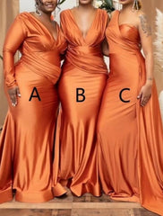 Sheath / Column Bridesmaid Dress One Shoulder / V Neck Long Sleeve Vintage Sweep / Brush Train Spandex