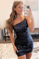 Black Sequin One-Shoulder Backless Tight Mini Dress