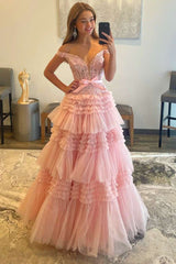 Princess Tulle Off-the-Shoulder Tiered A-Line Prom Gown